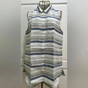 JNY Jones New York Women Large 100% Linen Striped Top Beach Club Sleeveless